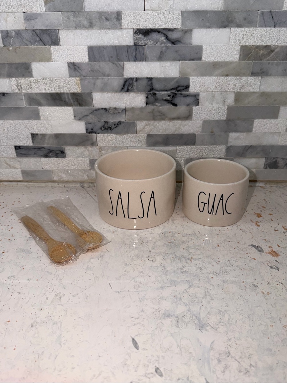 Rae Dunn SALSA & GUAC Ceramic Dip Bowls with Wooden Spoons